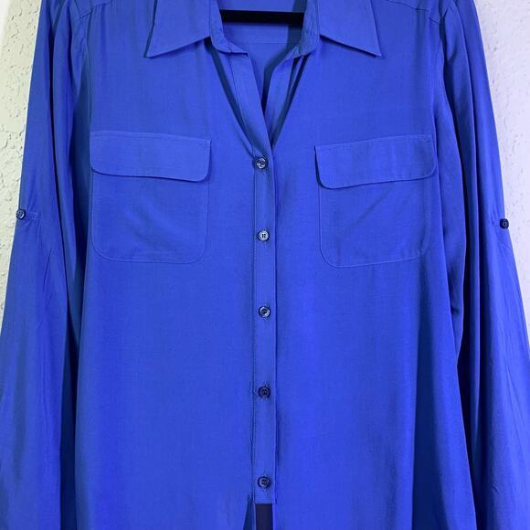 CREMIEUX Women's Blue Tie Front Long‎ Sleeve Button Down Blouse Size Medium - Picture 5 of 15